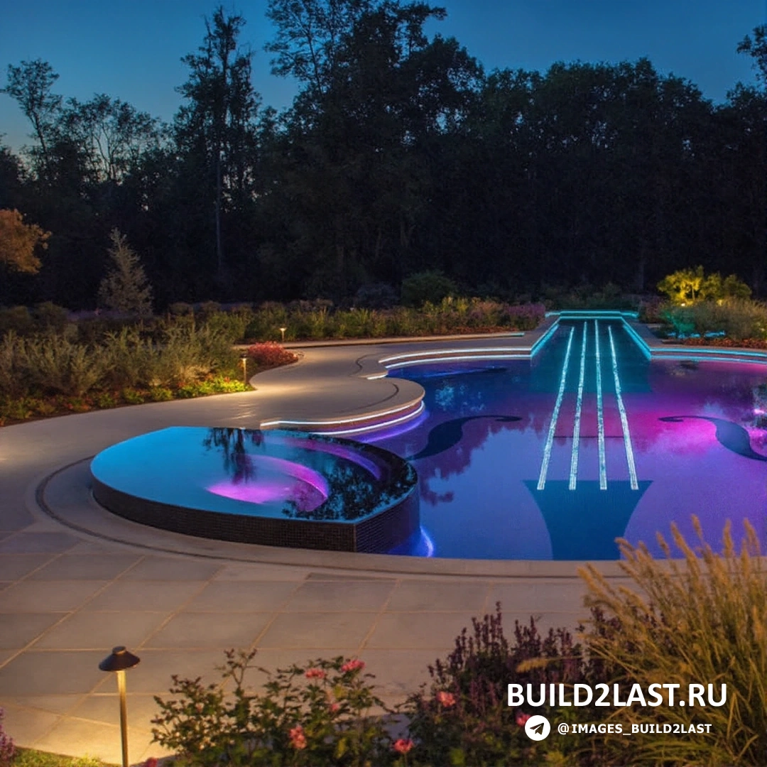 Бассейн в стильном внутреннем дворике с элементами ландшафтного дизайна