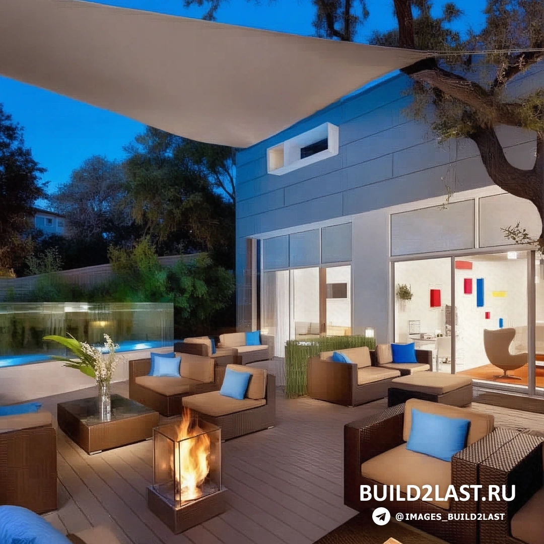 Диван и камин на террасе, оформленной термодеревом, создают уютную атмосферу для отдыха.