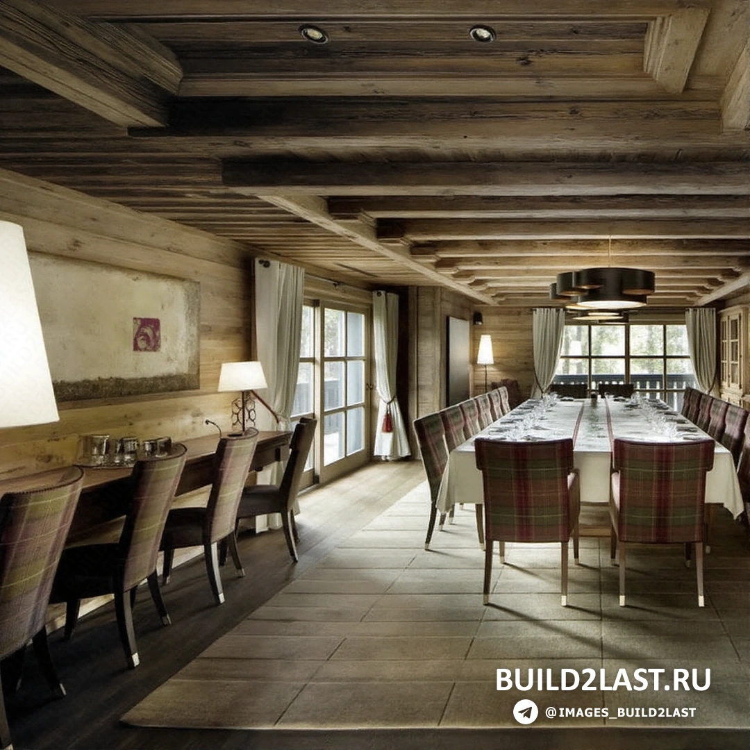 Эклектичный стиль столовой с темными и светлыми элементами, декоративные панно, балки и брусья