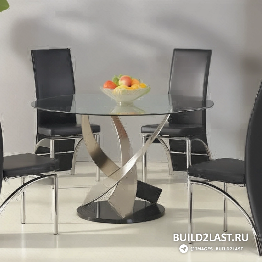 Элегантный стол в стиле арт-деко с черной стеклянной столешницей и металлическими стульями.