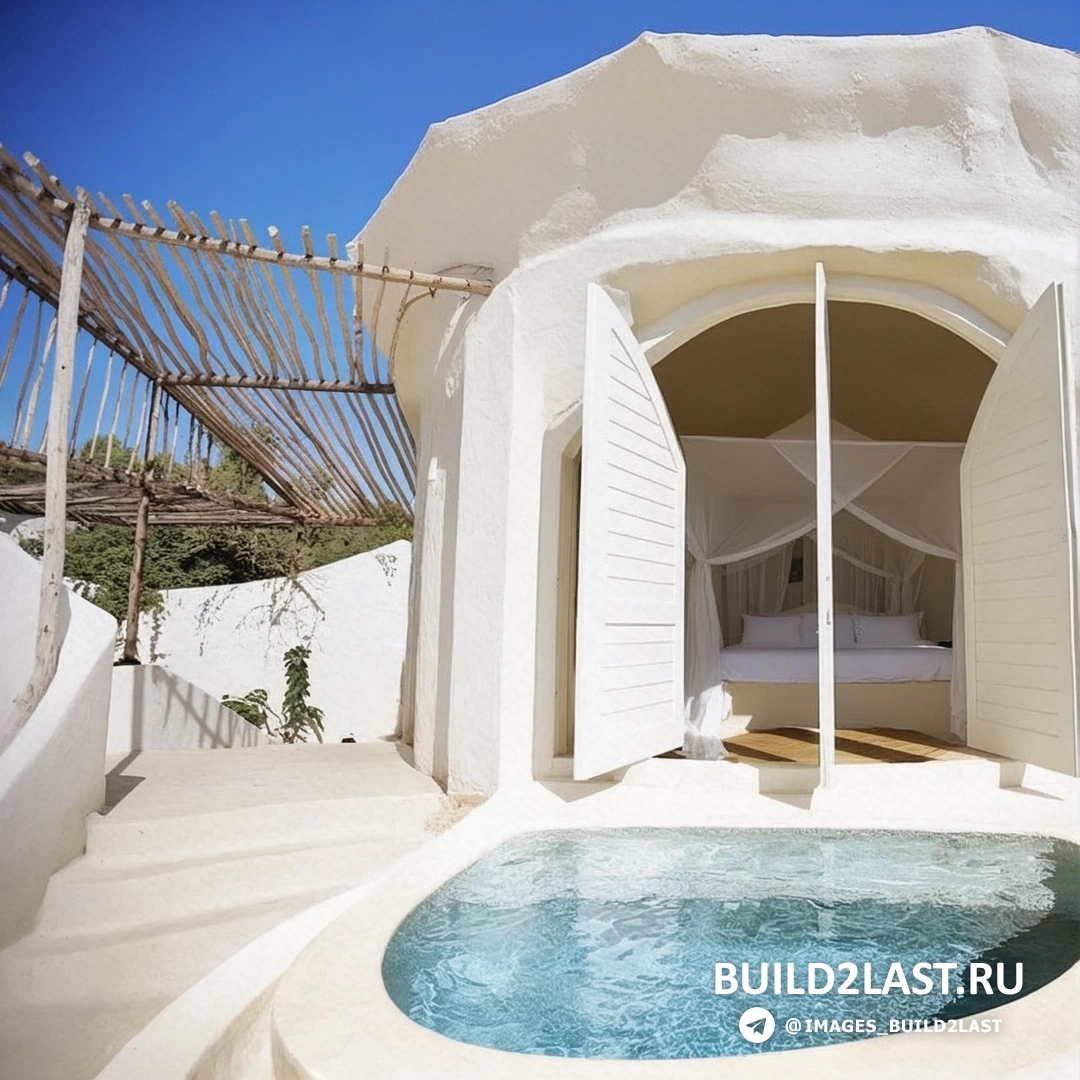 Фасад бунгало с лестницей, бассейном и ставнями на побережье Занзибара