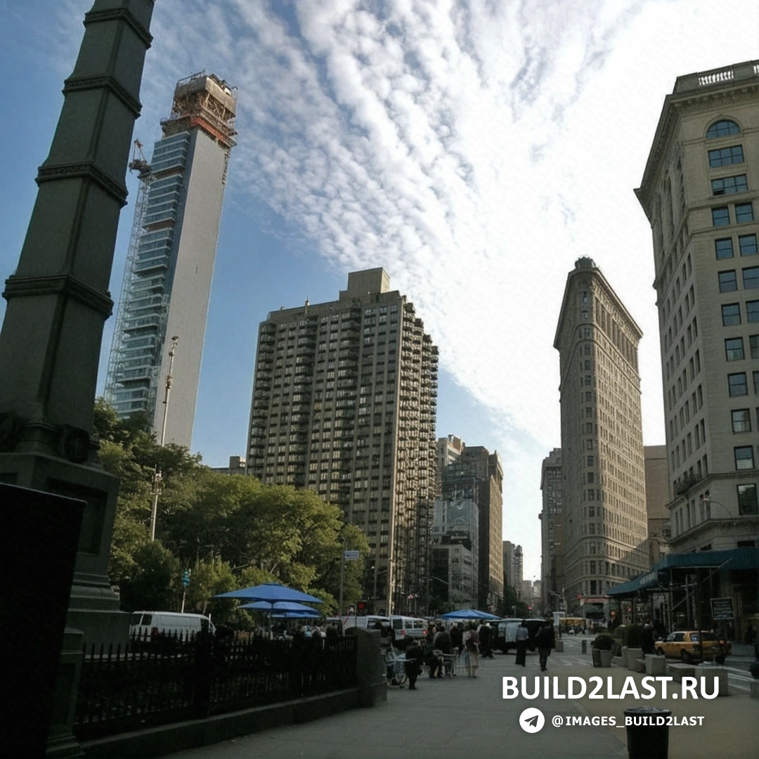 Флэтайрон-билдинг с близким планом и людьми на тротуаре