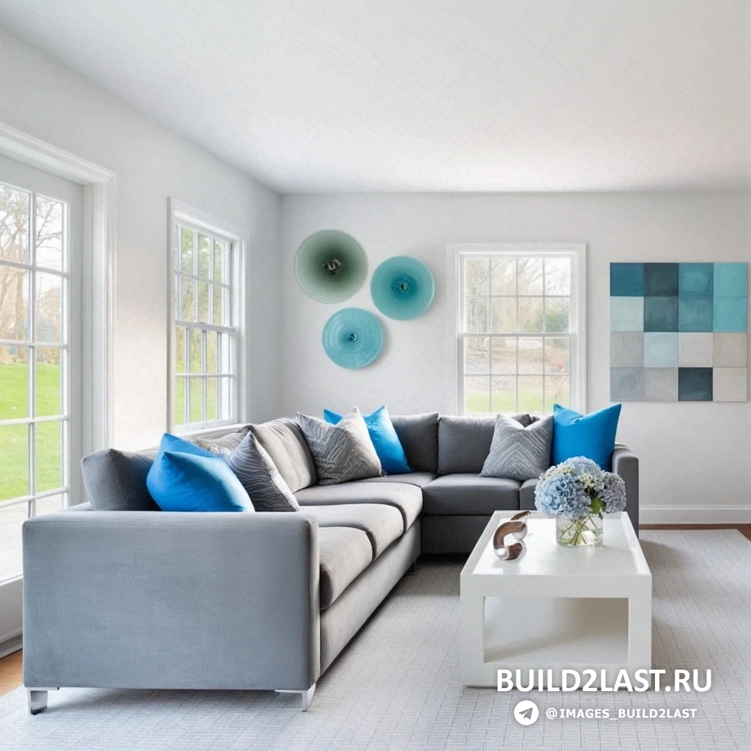 Гостиная с фиолетовыми акцентами, черными креслами и декоративными вазами.