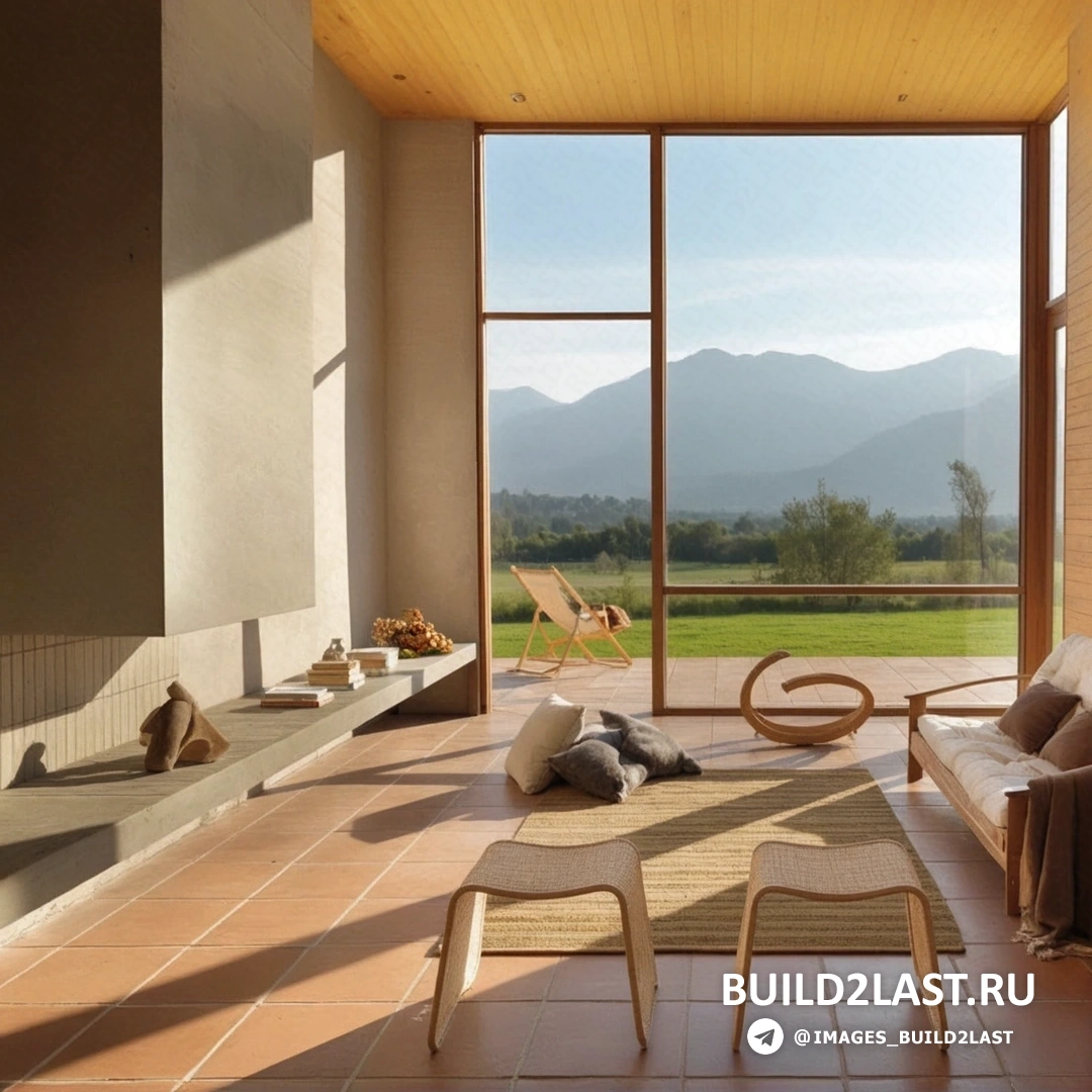 Гостиная с панорамным остеклением, диваном, барными стульями и минималистичной мебелью в авангардном стиле.