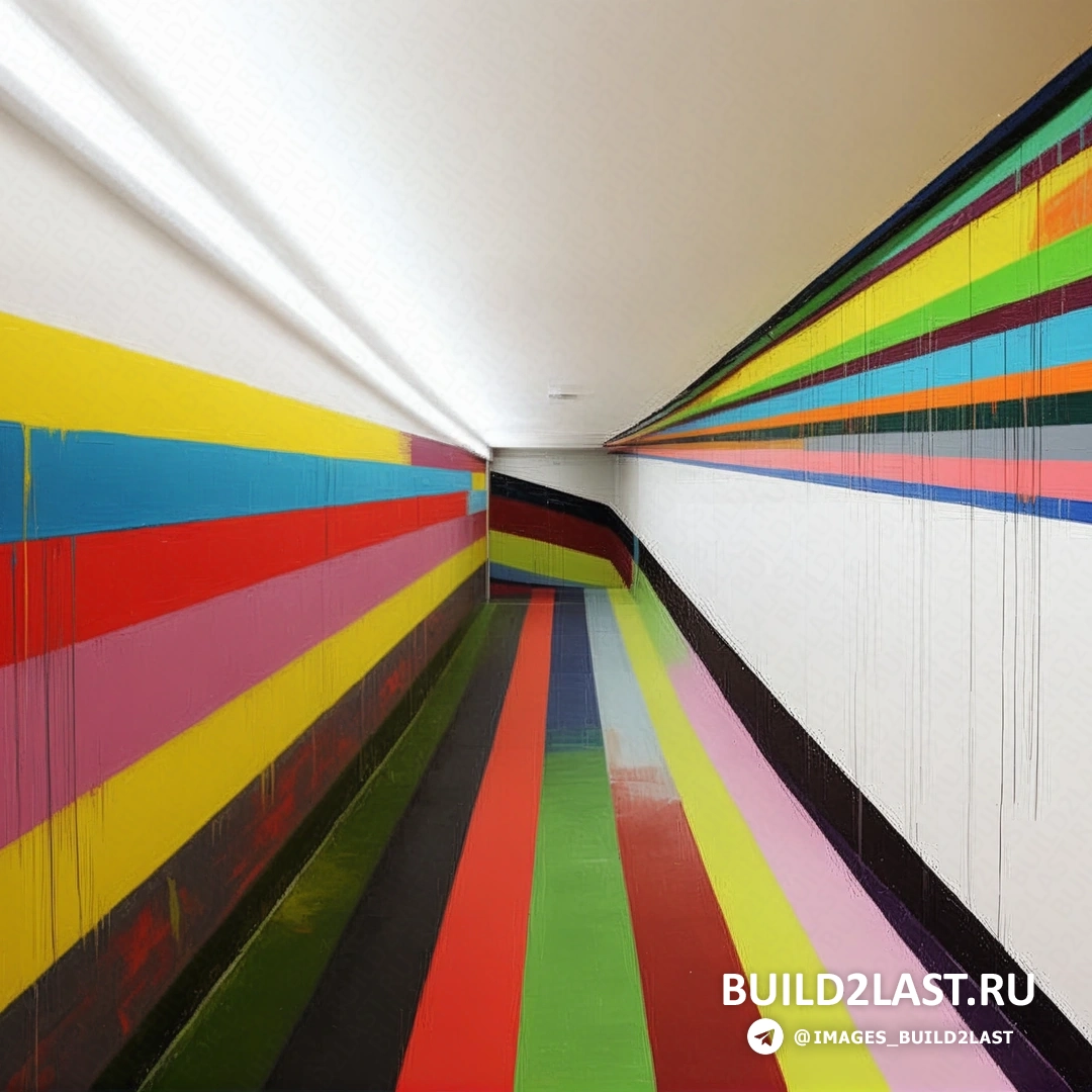 Инсталляция, где линии цвета переходят в яркие круги, создавая радужный эффект.