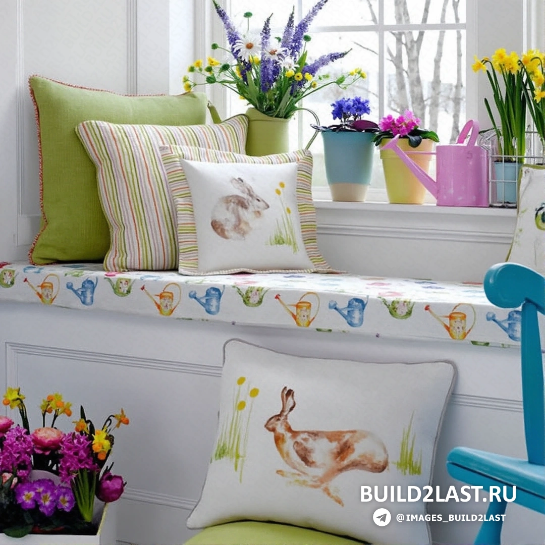 Интерьер с кашпо, декоративными подушками в прованс стиле, сочетание салатового, розового, белого и голубого цветов