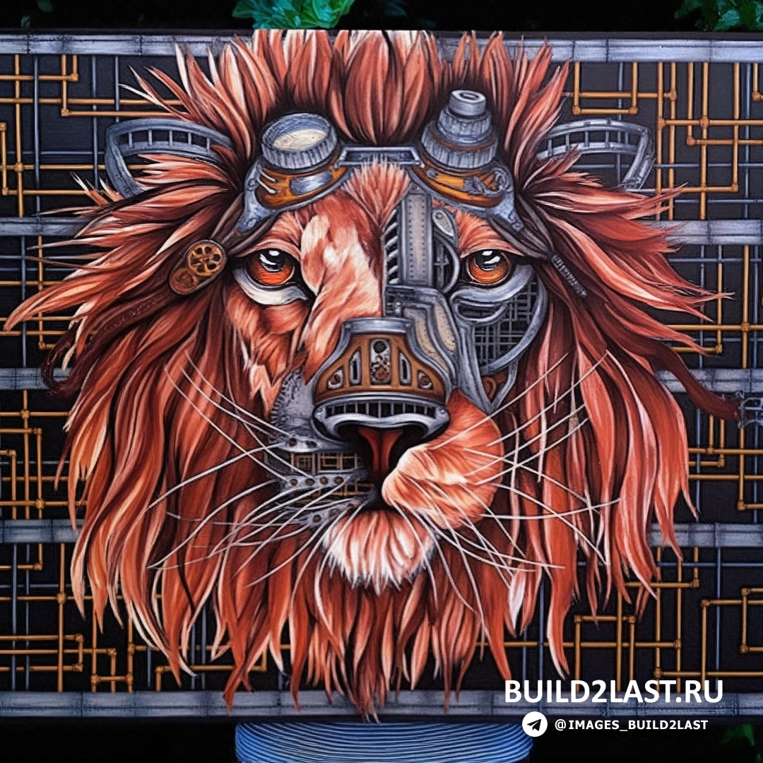 Лев, выполненный в стиле steampunk с элементами готического дизайна и золотыми деталями