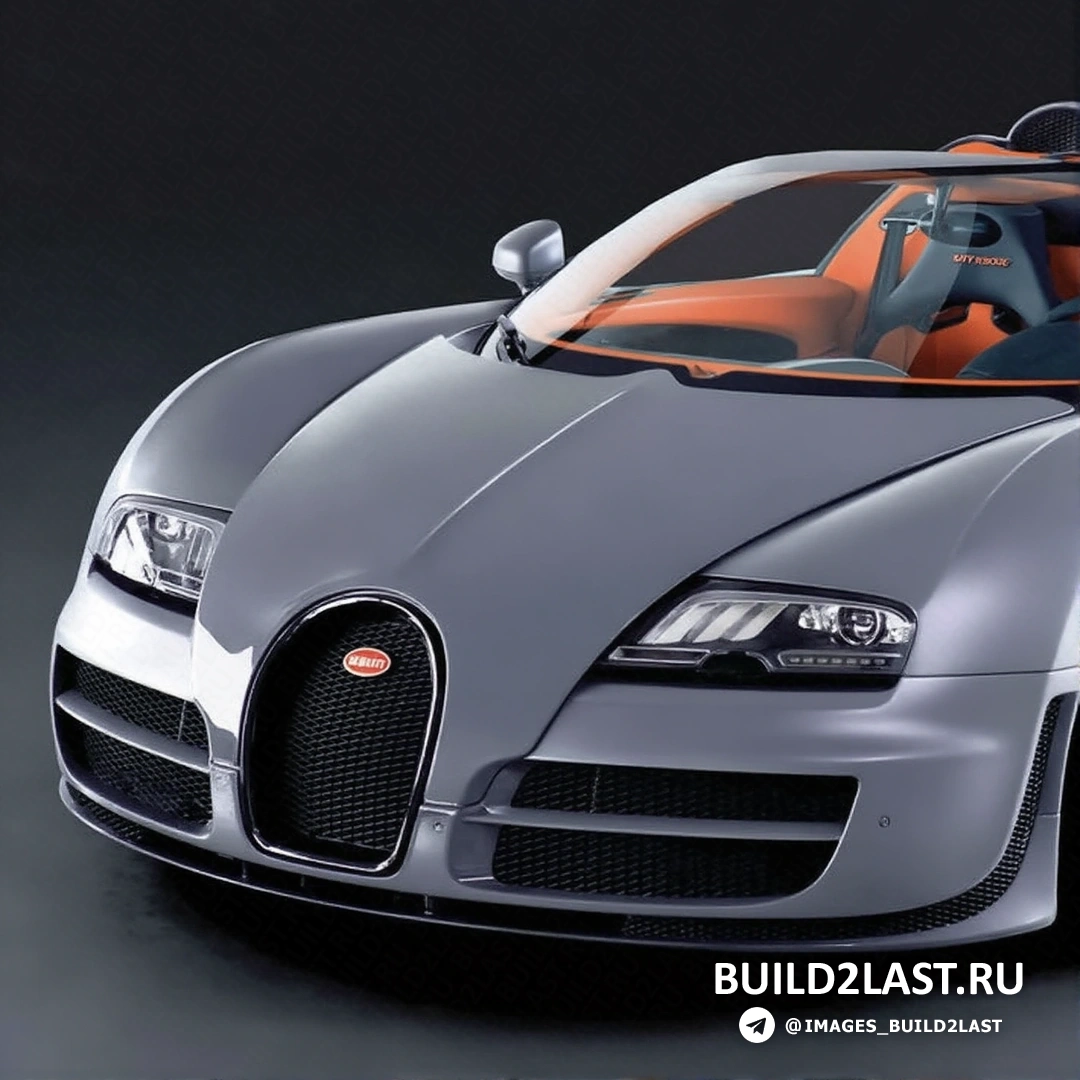 Металлический оранжевый Bugatti Veyron на фоне французского ландшафта, вид на салон автомобиля
