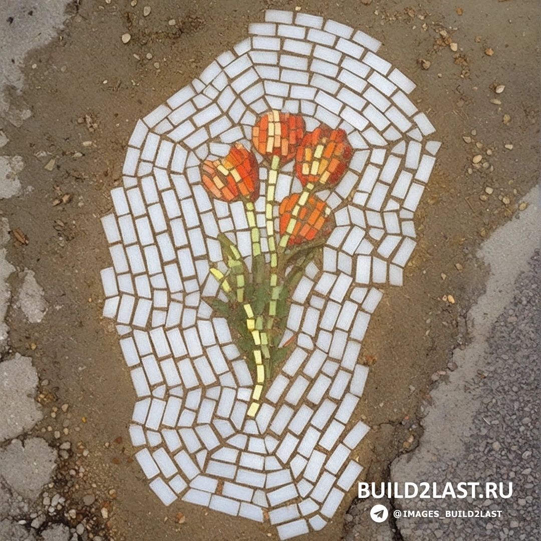 Мозаика в виде цветочных орнаментов, заполняющих дорожные выбоины, создавая уникальный арт-объект