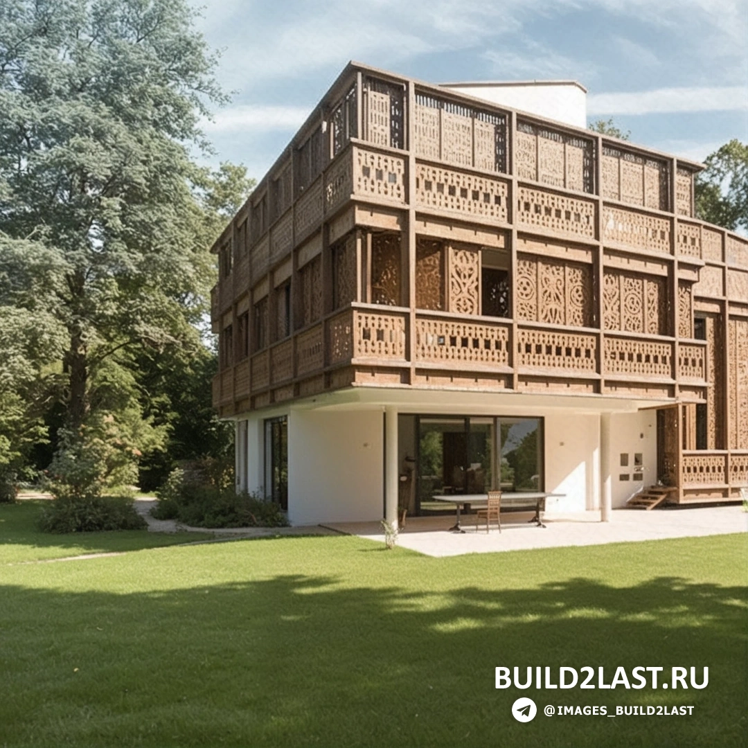 Общий вид на дом с деревянным фасадом, окружающий ландшафт и растительность.