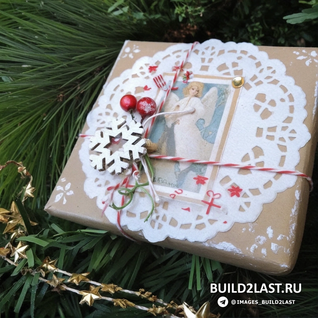 Подарок на Новый год в упаковке с хэнд-мэйд декором, выполненной в белых, красных и бежевых тонах, с зимними мотивами.