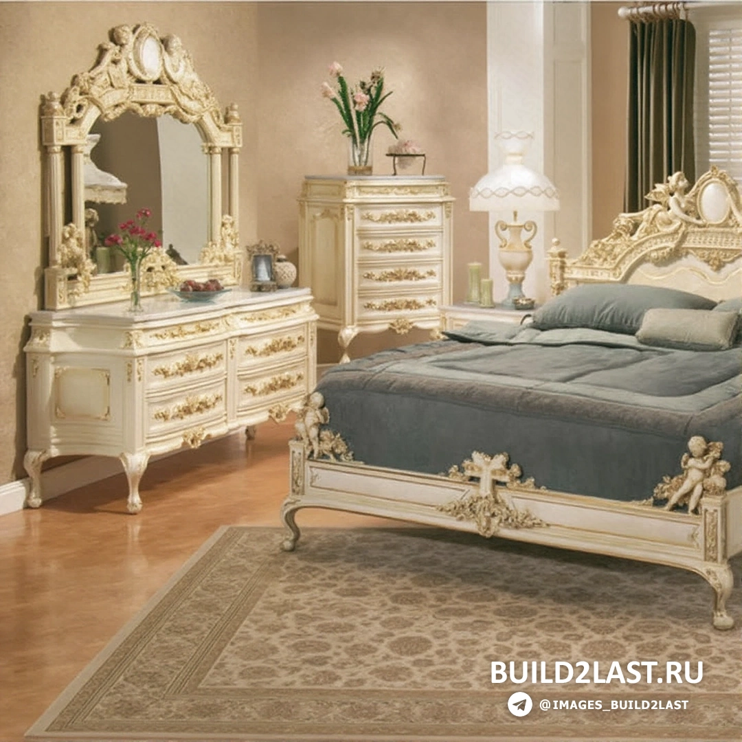 Романтичная спальня с серыми оттенками, торшерами и картинами на стенах.