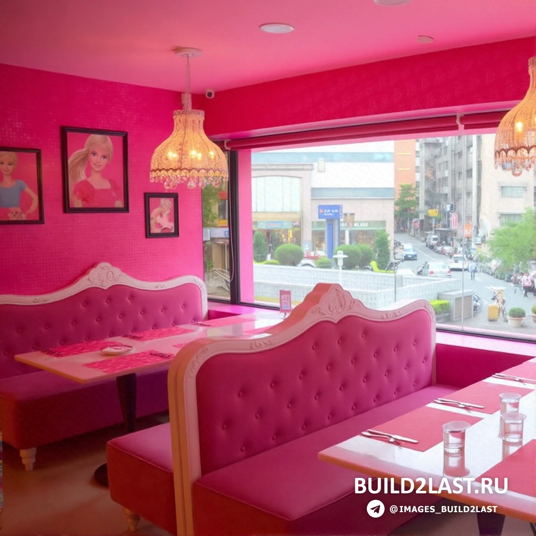 Розовый стол и стулья в гламурном ресторане на Тайване с стильным декором.