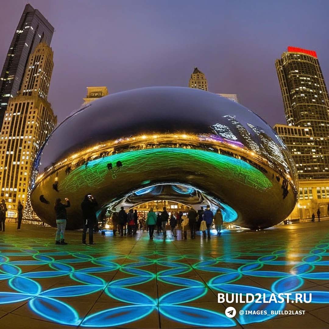 Скульптура Cloud Gate в Чикаго, отражающая небо и город, в голубых тонах.