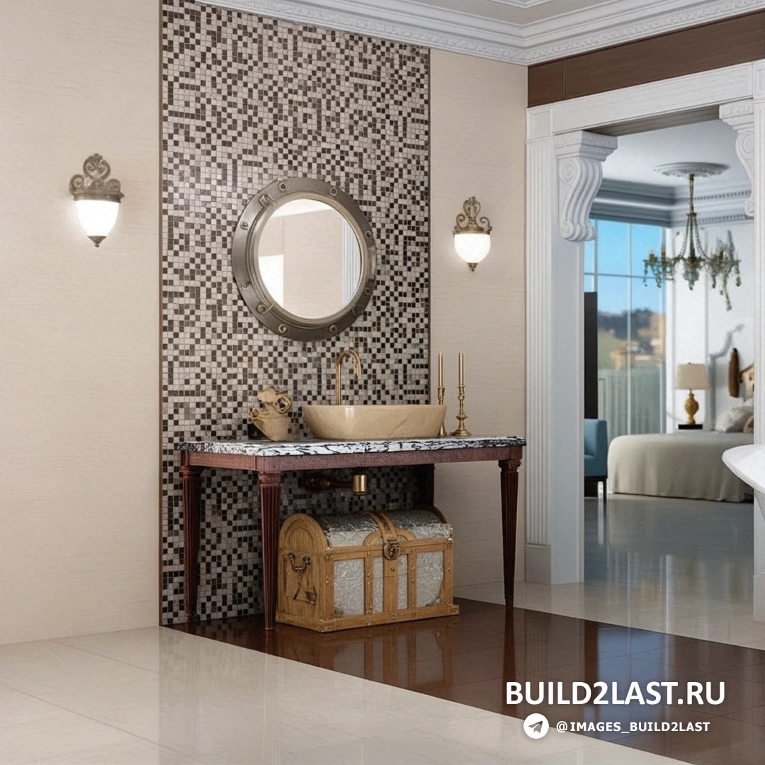 Современная ванная комната с минималистичным дизайном и мраморной отделкой.