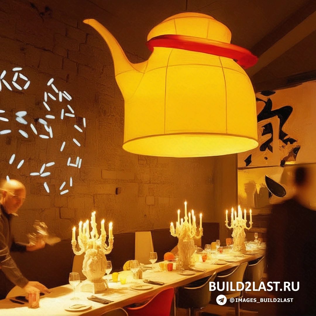 Светильники и теплые оранжевые и желтые оттенки в интерьере ресторана, азиатский стиль и уютная атмосфера.