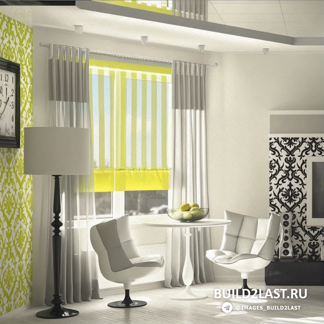 Светлая скандинавская гостиная с торшерами, диваном, ковром и фотографиями на стенах, с французским окном