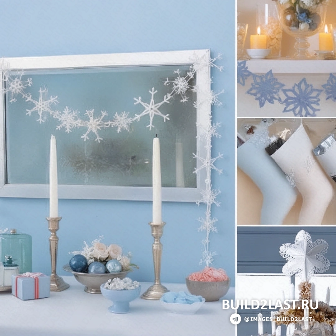 Украшение стола снежинками и свечами для новогоднего ужина