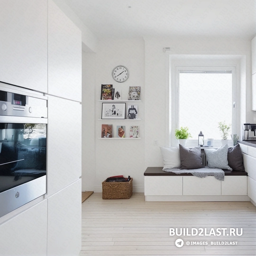 Уютная кухня с столом, духовым шкафом и стульями, украшенная декоративными часами и настенными панелями, в фламандском стиле, с коричневыми и белыми акцентами.