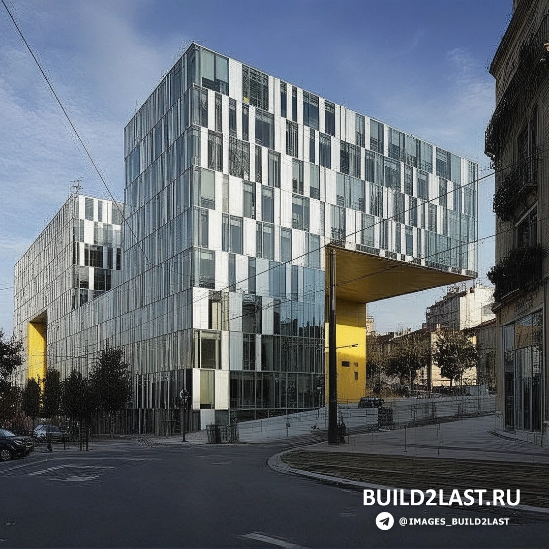 Вид на офисное здание с внутреннего двора, окруженное зеленью