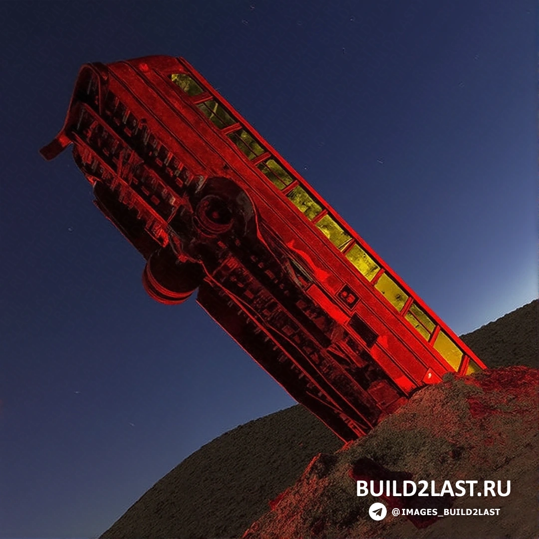 Зеленый и красный автомобиль среди инсталляций в стиле деконструктивизма в пустыне Невада.